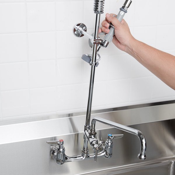 T&S EasyInstall Wall Mounted 37 9/16" High Pre-Rinse Faucet with Adjustable 8" Centers, 1.15 GPM Spray Valve, 44" Hose, 12" Add-On Faucet, and 6" Wall Bracket