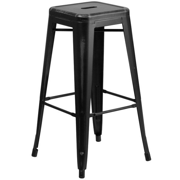 30" Distressed Black Stackable Metal Indoor / Outdoor Backless Bar Height Stool with Square Drain Seat
