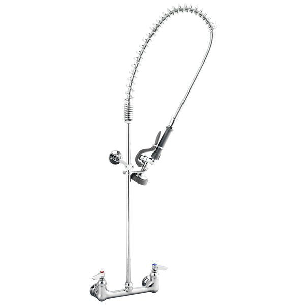 T&S EasyInstall Wall Mounted 33 1/4" High Pre-Rinse Faucet with Adjustable 8" Centers, 44" Hose, and 6" Wall Bracket