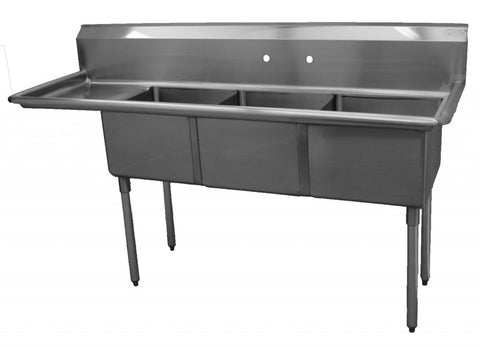Three Compartment Sink, 74-1/2"W x 23-1/2"D x 45-1/2"H, 18/304 stainless steel