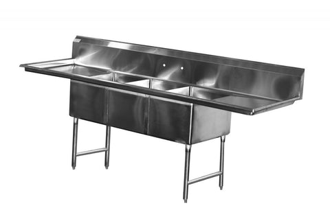 Three Compartment Sink, 90"W x 23-1/2"D x 45-1/2"H, 18/304 stainless steel