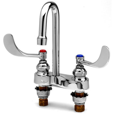 T&S  Deck Mounted Medical Lavatory Faucet with Eterna Cartridges, 4" Wrist Action Handles, Rigid Gooseneck, and 4" Centers ADA Compliant