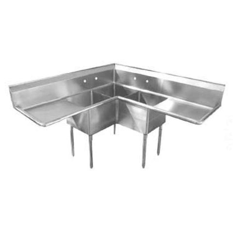 Corner Sink, three compartment, 63"W, 24" drainboards on left & right